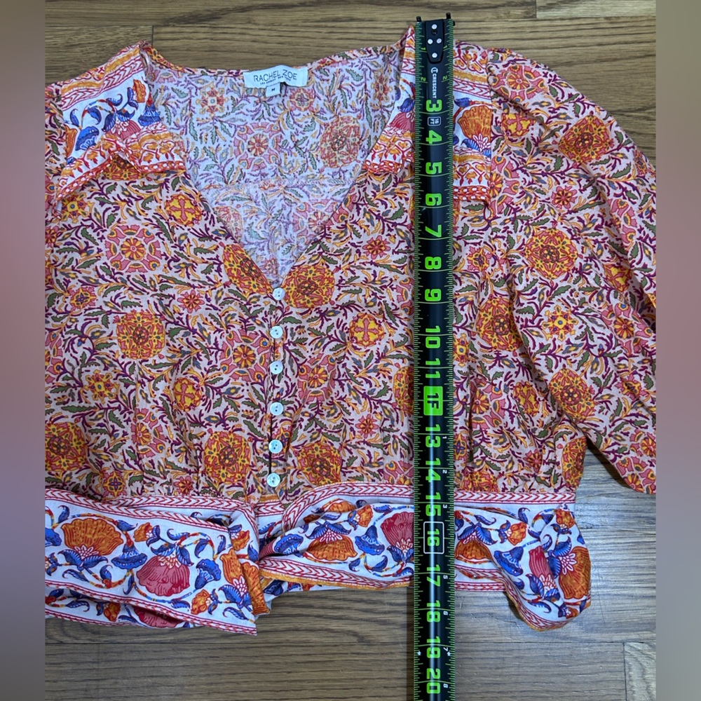 Rachel Zoe Cropped Boho V-front Tie-Front Floral Linen Top‎ Orange & Purple - Picture 9 of 14